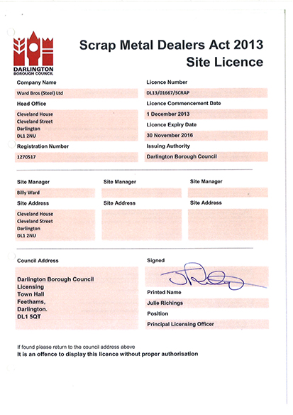 Darlington-Scrap-Metal-Dealers-Act-2013-Site-Licence